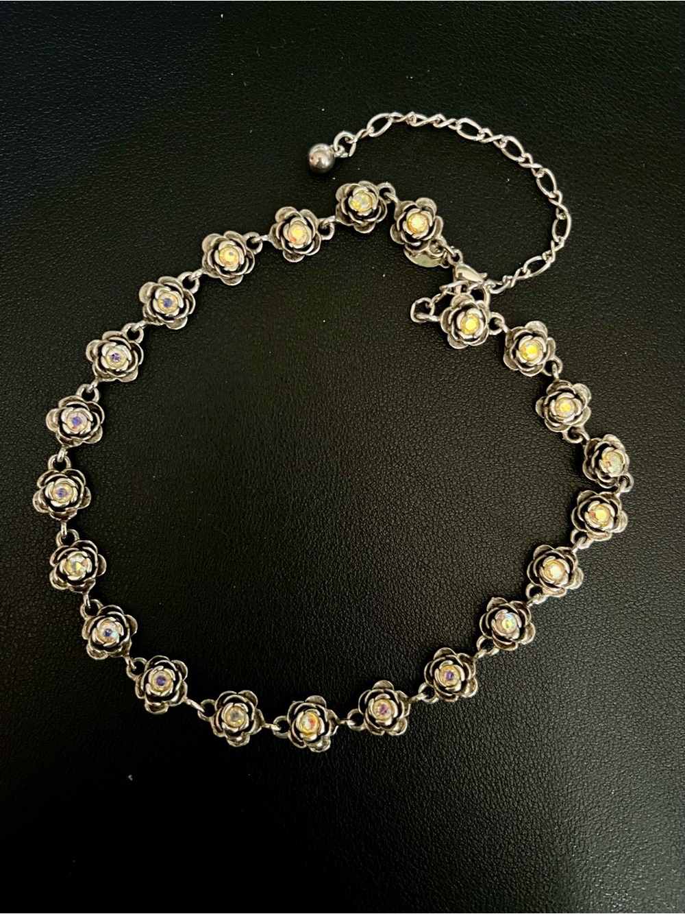 PREMIER DESIGNS "Primrose" Rose Link Retired Silver Tone AB Rhinestone Necklace